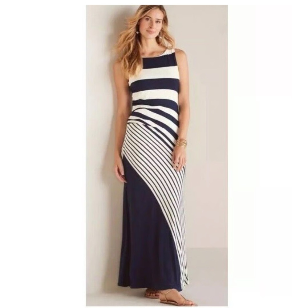 Soft Surroundings Vela navy and white striped infinity jersey knit maxi dress